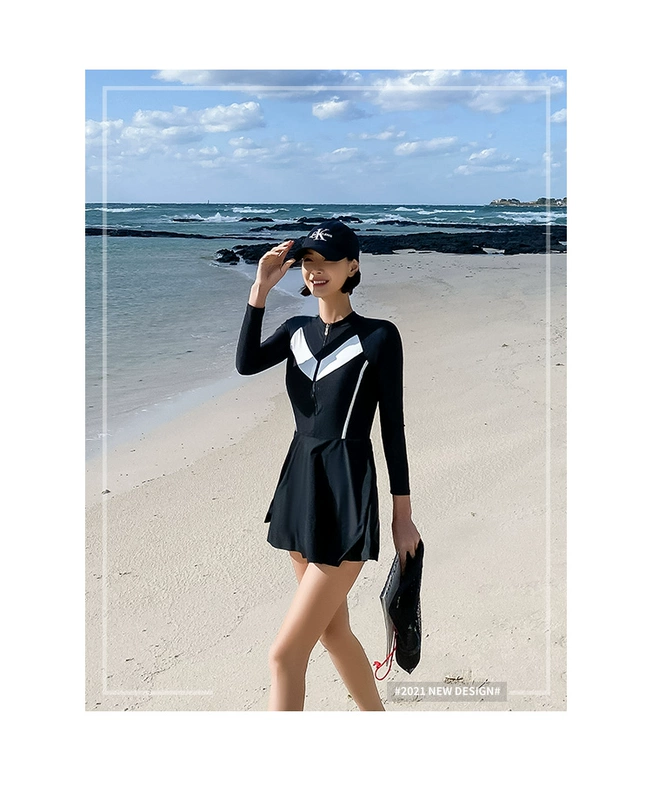 Vanliga tính khí mỏng, dài tay bộ đồ lướt sóng của phụ nữ áo tắm một mảnh kiểu váy chống nắng bảo vệ bơi kỳ nghỉ suối nước nóng - Bộ đồ bơi One Piece