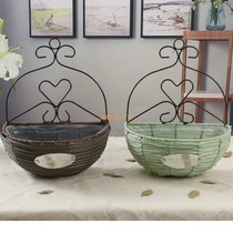 Handmade straw woven wall-mounted flower basket European-style flower pot wall decoration wicker basket flower device Pastoral rattan woven wall-hanging