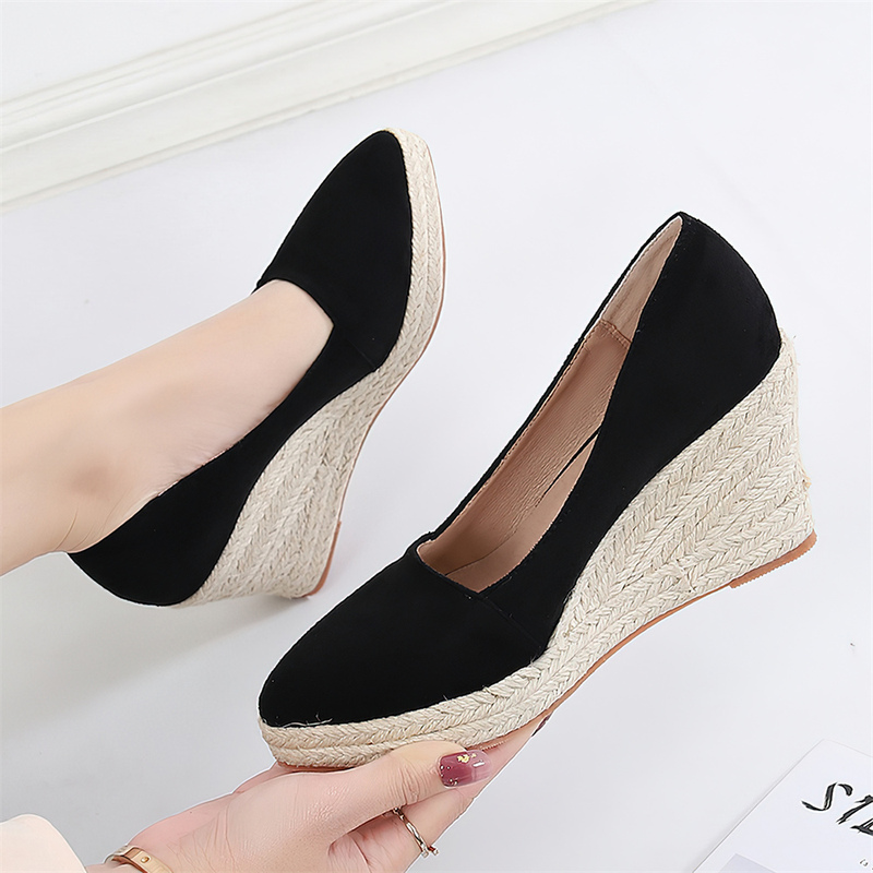 Wedge Shoes for Women 2025 Spring and Autumn New Style Shallow Pointed Toe Thick-Soled High Heels Work Shoes Chunky Heel Straw Height-Increasing Shoes