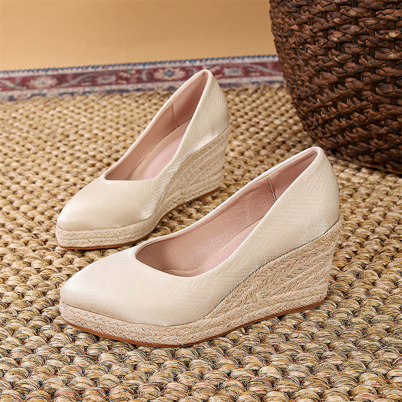 Women's Wedge Shoes 2024 Clearance Autumn Chinese Style Comfortable Pointed Toe Thick-Soled Waterproof Platform Straw High-Heeled Fashion Single Shoes for Women