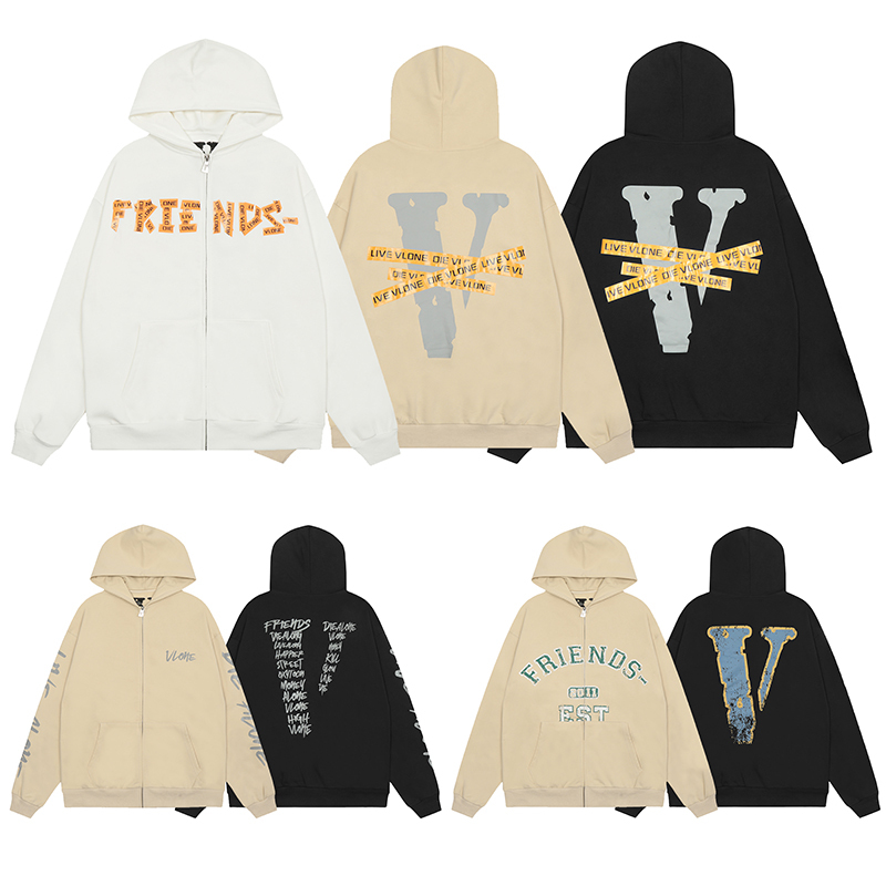 Vlone Jerry Jacket Hoodie with Reflective Lettering and Large V Print for Men and Women, Autumn and Winter Iins Cardigan Zipper Sweatshirt
