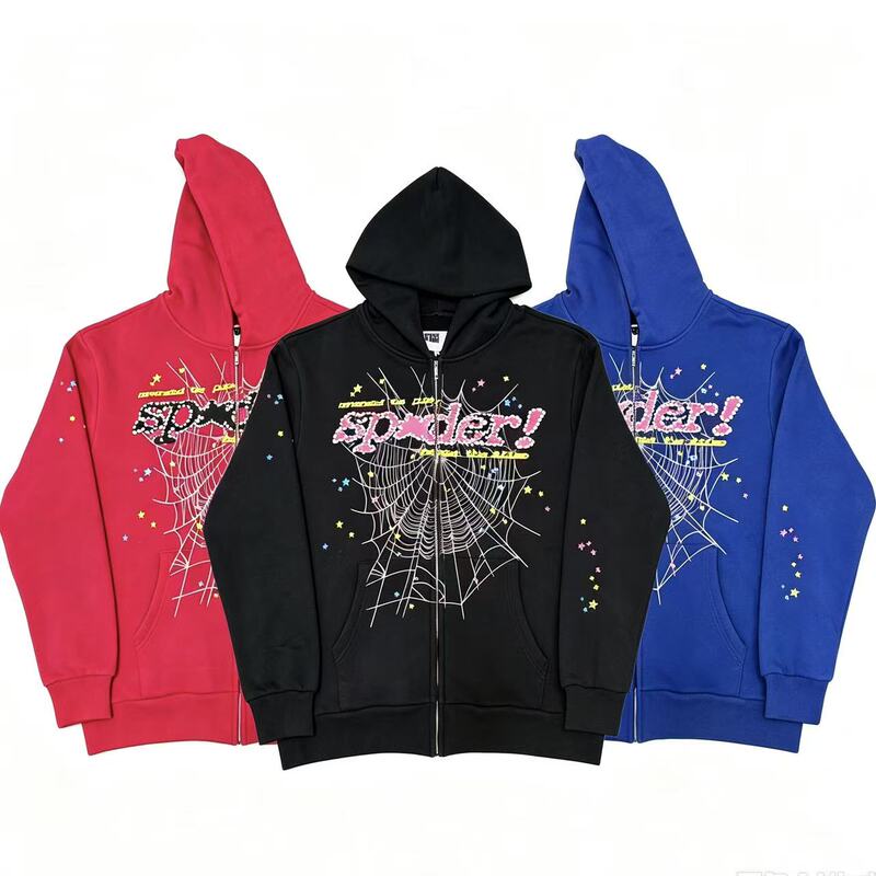 Sp5Der Sweatshirt High Street Style Spider Web Letter Print Hooded Cardigan for Men and Women Fleece-Lined Loose Casual Jacket Trendy Sp5Der Sweatshirt High Street Style Spider Web Letter Print Hooded Cardigan for Men and Women Fleece-Lined Loose Casual Jacket Trendy