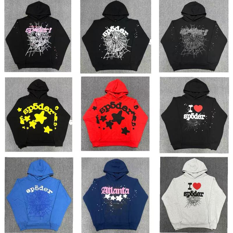 Premium Version Sp5Der Sweatshirt and Sweatpants Sports Set American Hip-Hop Spider Web Foam Print Fleece-Lined Hoodie