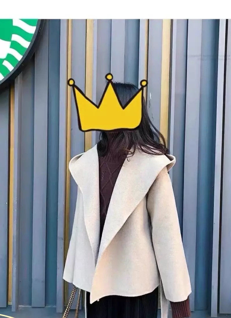 2022 autumn and winter new double-sided woolen coat women's Korean version herringbone pattern hooded short woolen coat with belt
