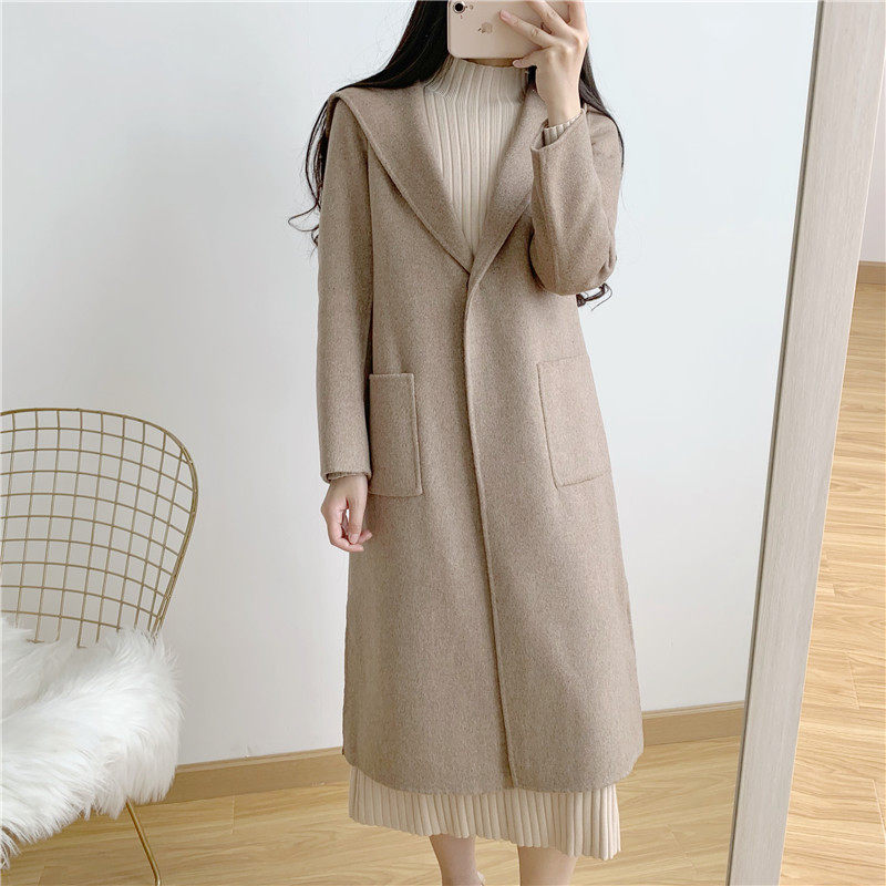 2022 spring and autumn new women's Korean version mid-length hooded wool coat pure handmade double-sided fleece coat
