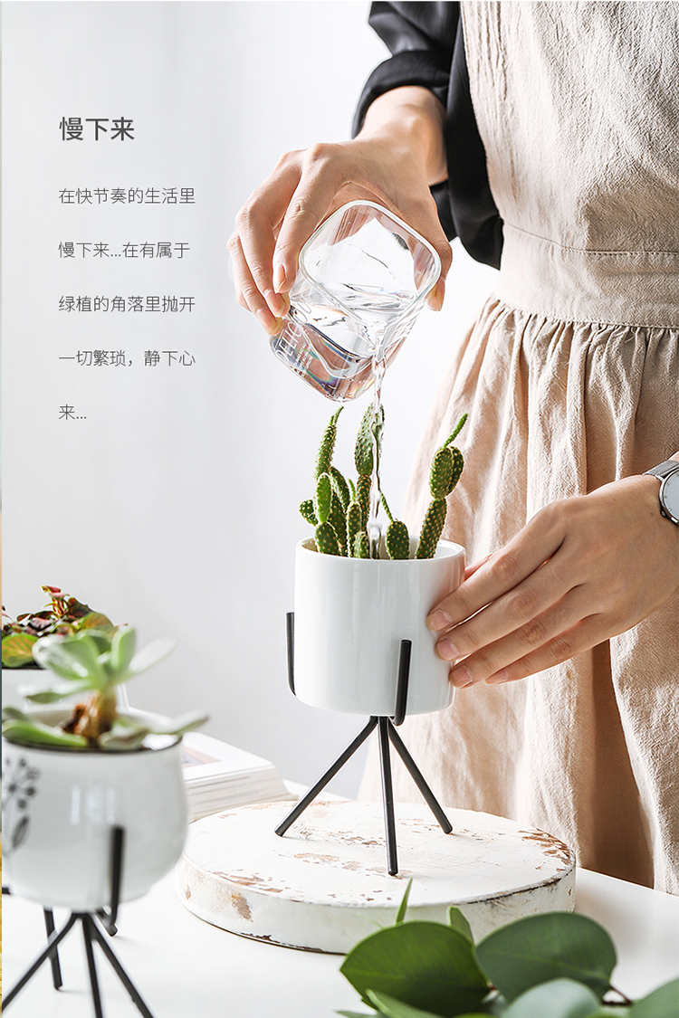 Bắc Âu đơn giản ins gió gốm khung sắt gốm sứ phòng khách nhà để bàn thịt nhỏ trong chậu trang trí trang trí - Vase / Bồn hoa & Kệ chậu thủy tinh trồng cây