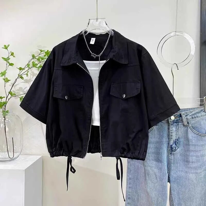 Plus Size Fat Girl Job Search Season Polo Collar Casual Work Shirt Women's Summer Versatile Zipper Short Jacket Short-Sleeved Shirt