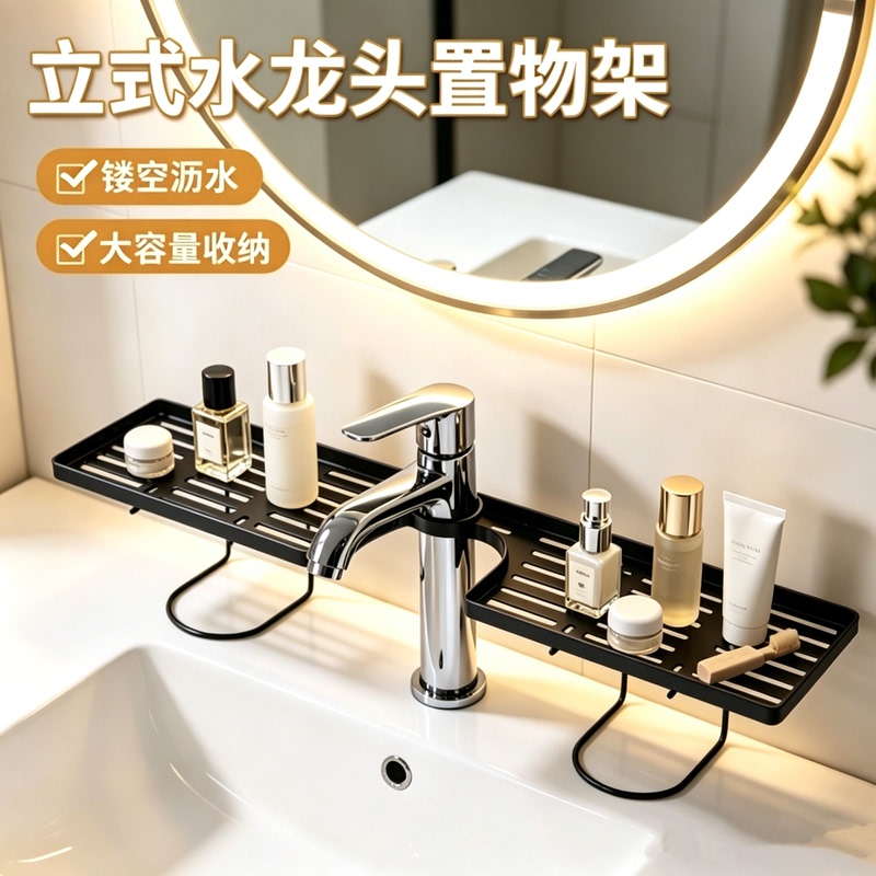 Household Standing Mirror Bathroom Shelf, Wall-Mounted Faucet, Perforated Washbasin Storage Household Standing Mirror Bathroom Shelf, Wall-Mounted Faucet, Perforated Washbasin Storage