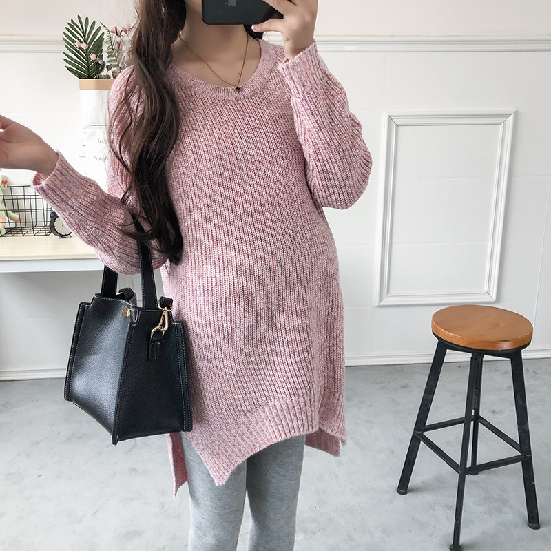2018 phiên bản mới của Hàn Quốc áo len bà bầu dài đoạn rộng kích thước lớn tay áo dài mẹ mùa xuân và áo len mỏng mùa thu đầm bầu thiết kế