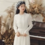 Mùa thu 2018 cô gái Pháp mới yêu retro nhẹ nhàng tay áo dài cộng với váy nhung phía dưới đầm ren váy cotton dáng dài