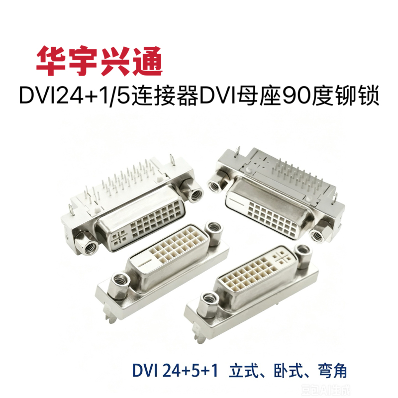 Dvi24+1/5 Connector Dvi Female Socket 90-Degree Rivet-Lock Video Interface Pc Board-End Digital Analog Signal Compatible