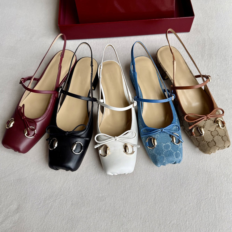 Square-Toe Mary Jane Bow Sandals for Women, Summer Low-Heeled Closed-Toe Metal Horsebit Buckle Backless Elastic Band Ballet Shoes