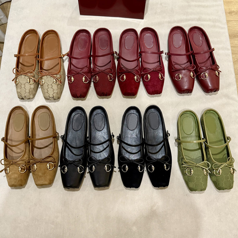 G Brand Horsebit Buckle Closed-Toe Half-Slipper Women's Flat Square Toe Pig Nose Bow Print Mary Jane Ballet Shoes