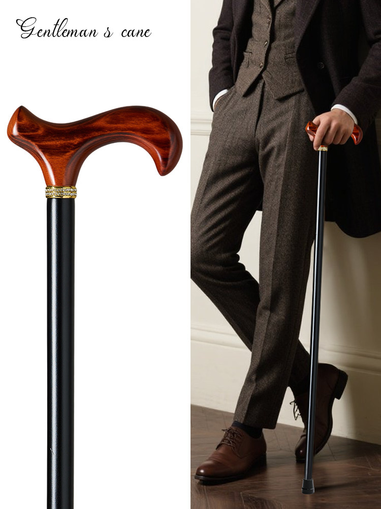 British Gentleman's Solid Wood Walking Stick, Vintage Hook Cane, British Style with Diamond Inlay, Black Walking Aid, German Beech Wood Cane