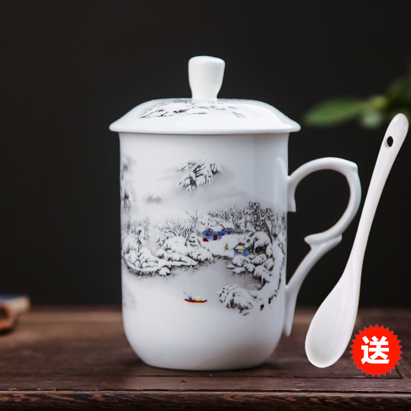 Jingdezhen ceramic cup with cover with a spoon, cup office cup creative household ipads porcelain cup tea cup in the meeting room