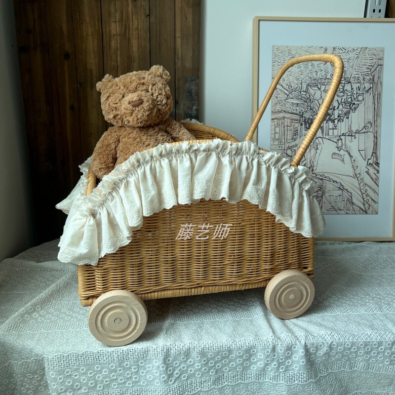 Indonesian Plant-Based Rattan Hand-Woven Storage Basket with Wheels, Lace Trim, Cute Storage, Export to France, Single Cart