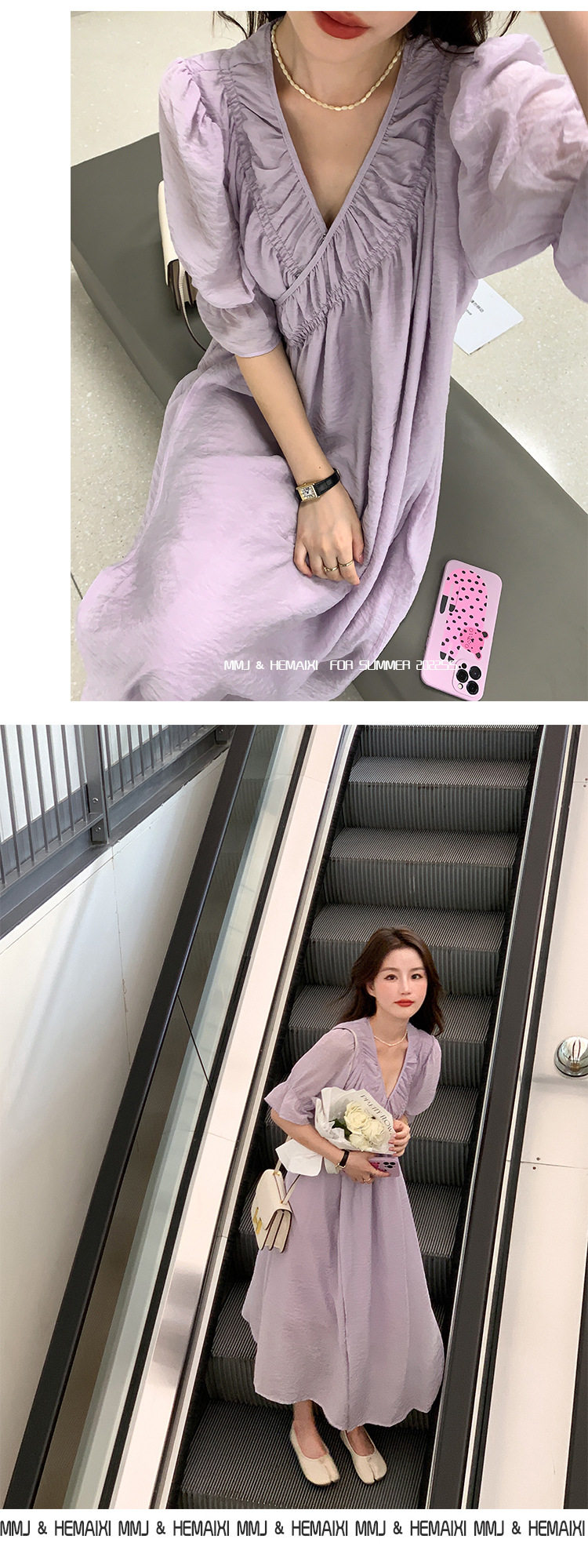 2022夏季温柔风无领绑带披挂式V领连衣裙女系带收腰显瘦A字裙详情10