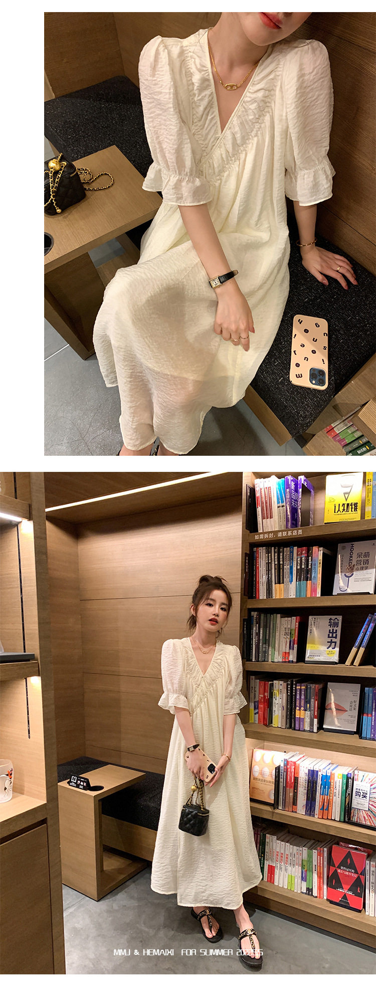 2022夏季温柔风无领绑带披挂式V领连衣裙女系带收腰显瘦A字裙详情7