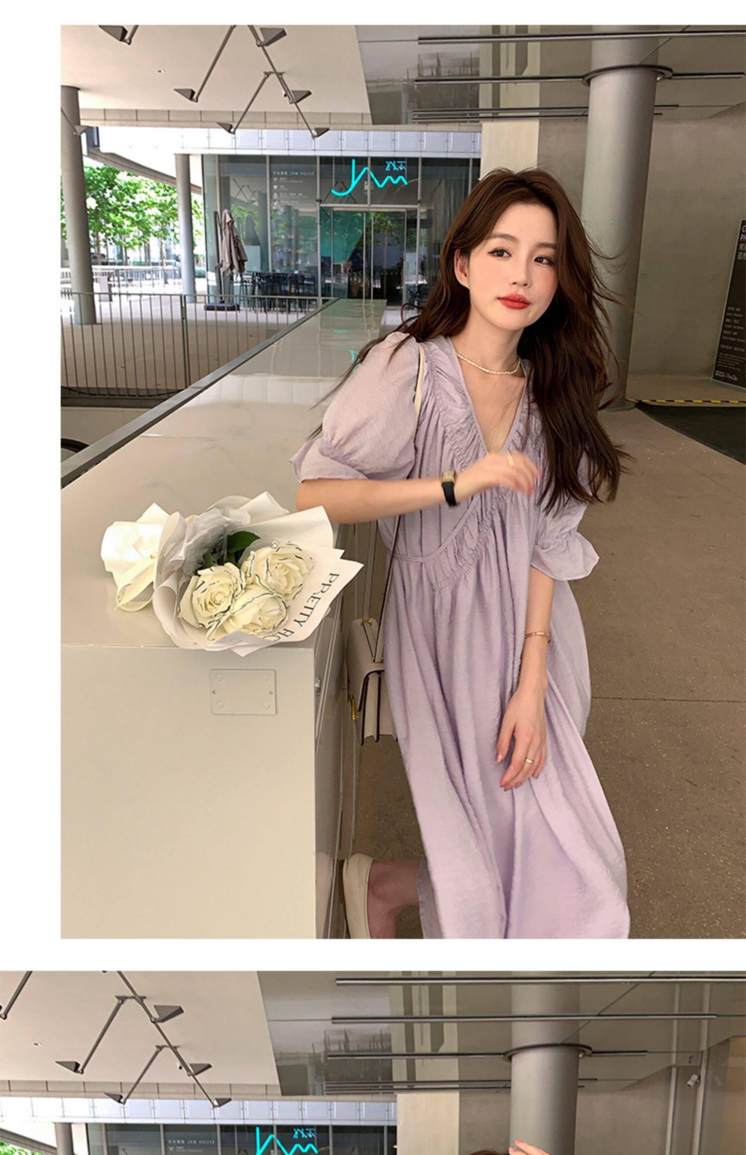 2022夏季温柔风无领绑带披挂式V领连衣裙女系带收腰显瘦A字裙详情5