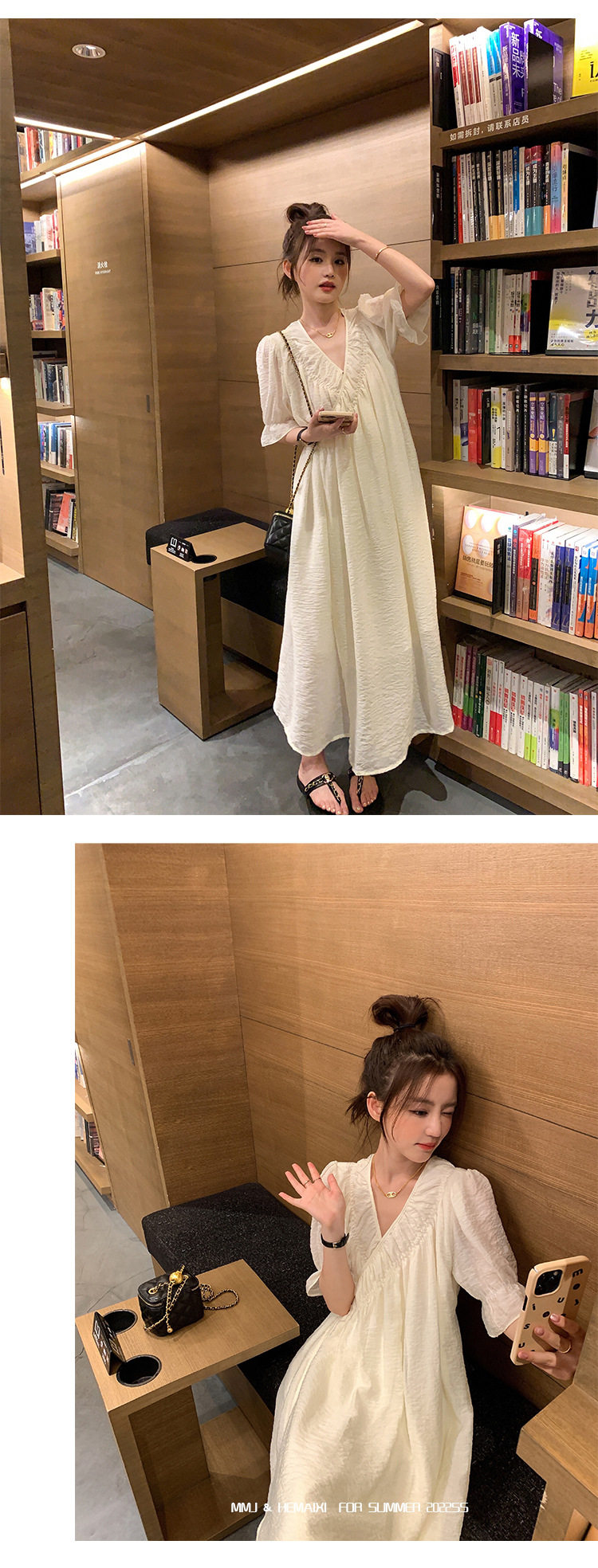 2022夏季温柔风无领绑带披挂式V领连衣裙女系带收腰显瘦A字裙详情15