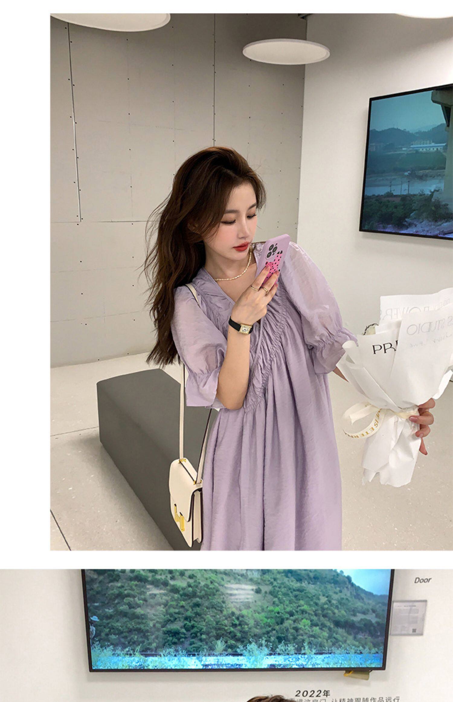 2022夏季温柔风无领绑带披挂式V领连衣裙女系带收腰显瘦A字裙详情13