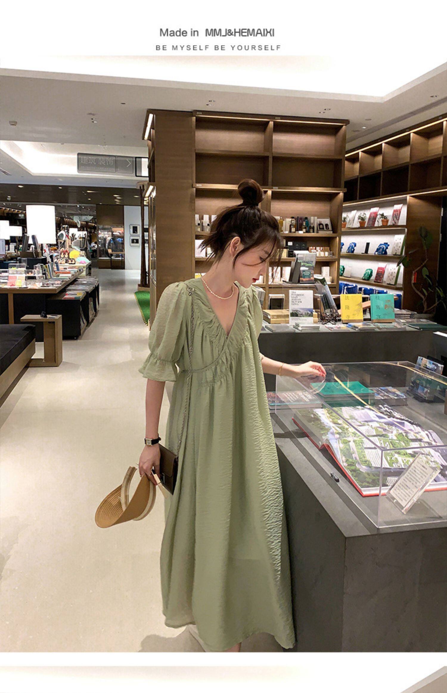 2022夏季温柔风无领绑带披挂式V领连衣裙女系带收腰显瘦A字裙详情22