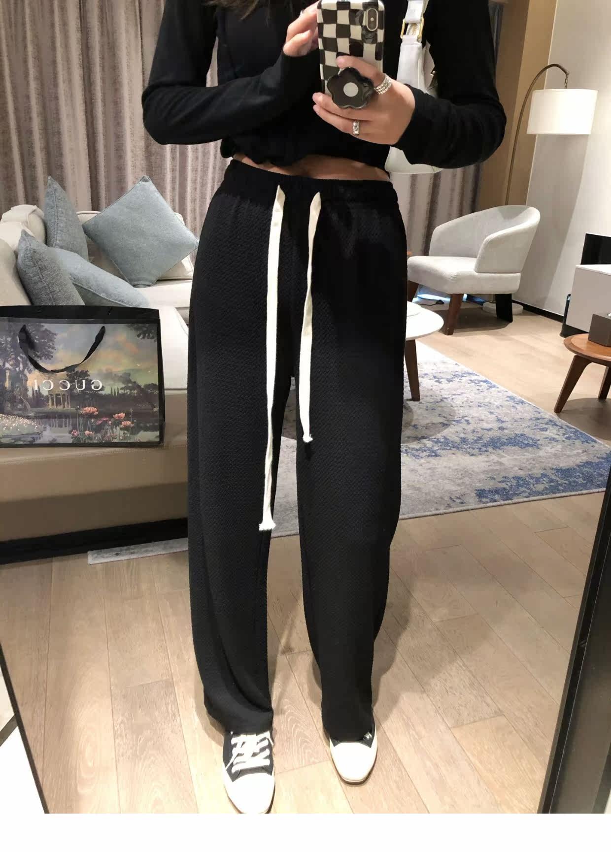 泡泡纱抽绳阔腿长裤2022春装新款直筒宽松高腰垂感显瘦长裤详情14