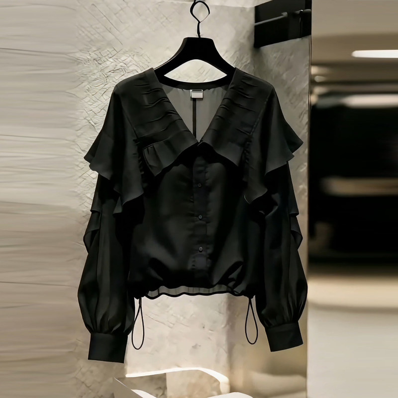 Stylish Black Ruffled Puff Sleeve Shirt for Women, 2026 Summer New Luxury Style Drawstring Slimming Top Trendy