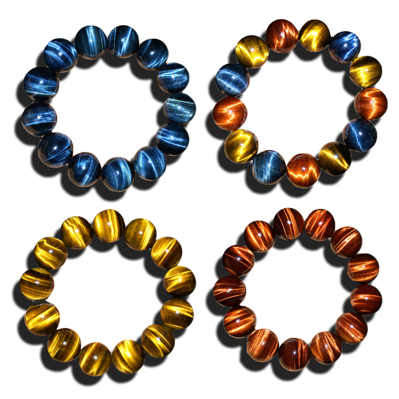 Natural Tiger Eye Stone 16mm Men's Bracelet Yellow Red Blue Tiger Eye Stone Single Circle 16mm Bracelet Cat's Eye Lightning Pattern