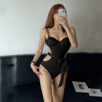 Black High-End Fashion One-Piece 2025 New Swimsuit for Women with Small Bust, Underwire, Push-Up, Tummy-Covering, Beach Vacation Swimsuit