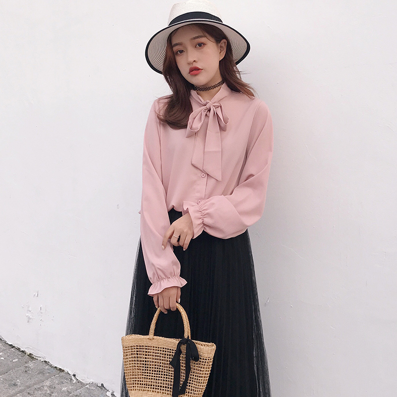 2018 mùa thu mới áo voan nơ nữ phiên bản Hàn Quốc lỏng lẻo cỡ lớn đèn lồng tay áo mỏng tay dài áo sơ mi trắng nữ đẹp