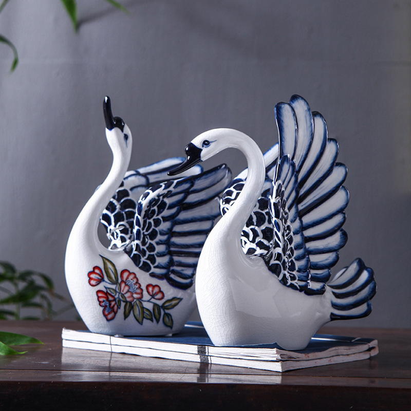 Blue and white porcelain ceramic swan sitting room porch ark adornment TV ark, furnishing articles household ceramic arts and crafts