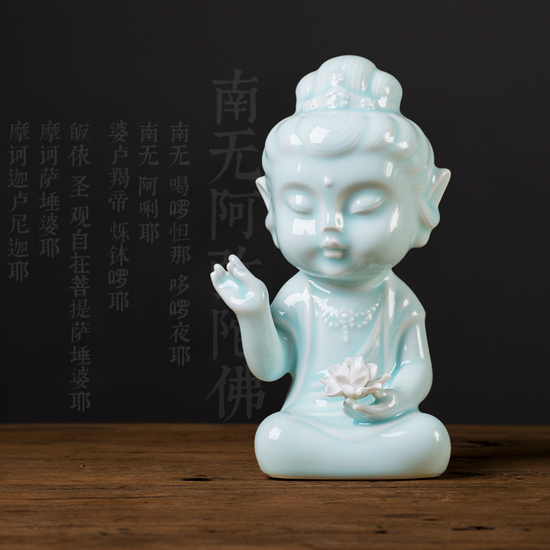 Celadon ceramic zen guanyin Buddha zen furnishing articles with lotus boutique, lovely Buddha zen study home furnishing articles