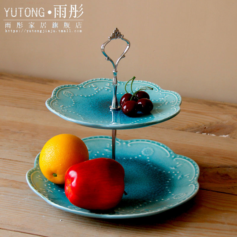 Continental ice crack glaze ceramic double compote creative I sitting room key-2 luxury home afternoon tea tea table plate