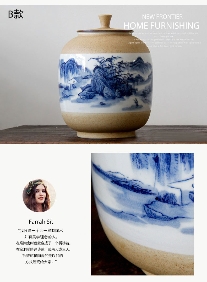 Blue and white porcelain of jingdezhen ceramic checking pottery hand - made porcelain clay landscape pot - bellied tea urn caddy fixings furnishing articles