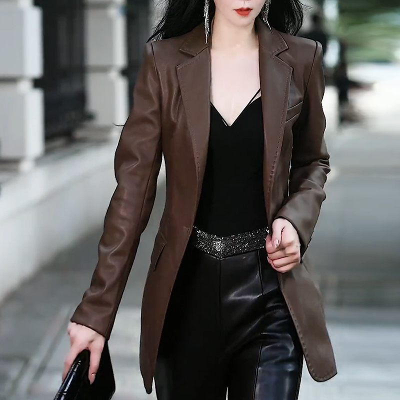 Women's Leather Jacket 2026 New Popular Style High-End Slim Mid-Length Suit-Style Elegant Protein Sheepskin Brown Coat for Spring