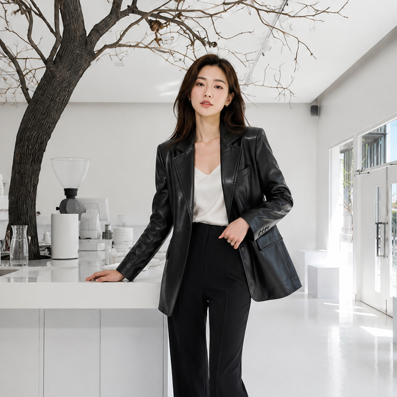 Black Leather Jacket for Women, Spring and Autumn 2026, High-End Korean Style, Retro, Niche, Casual, Slimming, Blazer Leather Jacket for Autumn