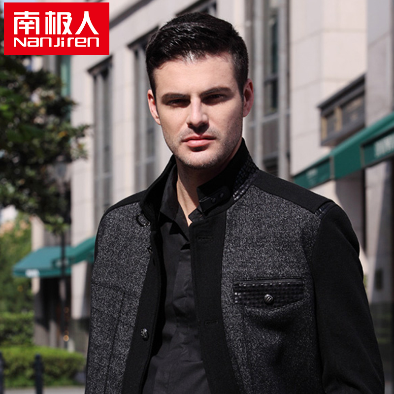 南极人毛呢夹克男商务休闲立领修身拼色中年毛昵外套爸爸装清仓