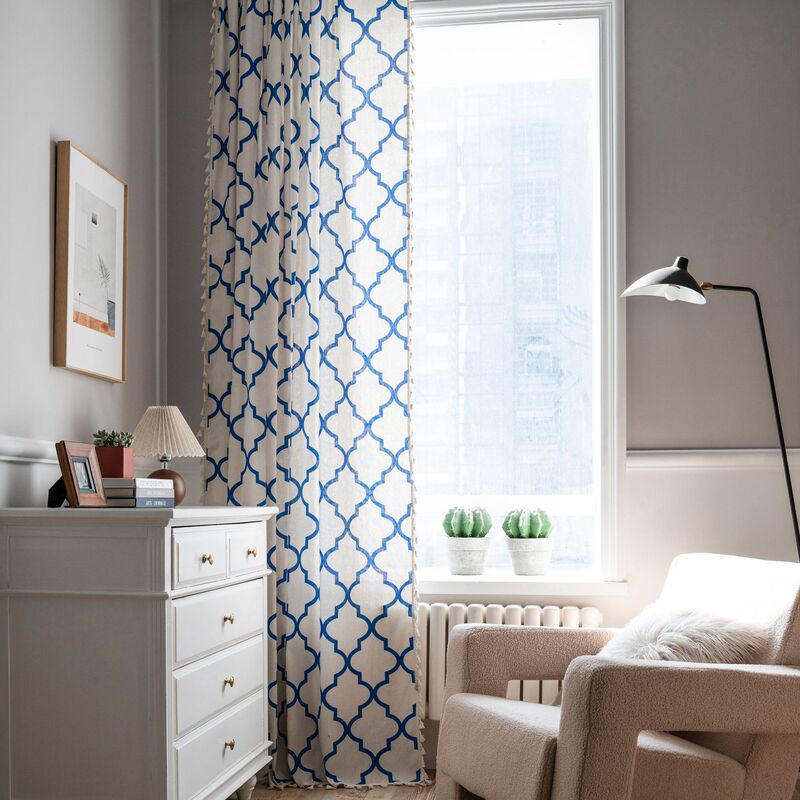 Nordic Style Rod-Mounted No-Drill Curtains with Blue Diamond Print and Tassels, Kitchen Curtains, Semi-Blackout Bay Window American-Style Print