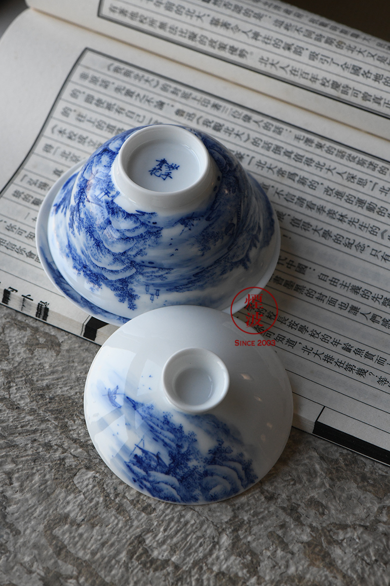 Jingdezhen blue and white nine calcinations hand hand made blue and white porcelain cup landscape tureen three cups