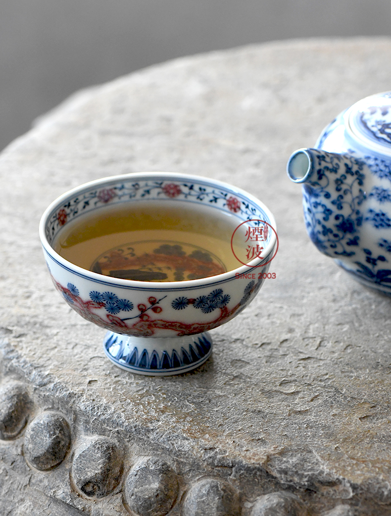 Jingdezhen spring auspicious jade Zou Jun up system with blue and white youligong shochiku meishan stone plantain footed cup drawing