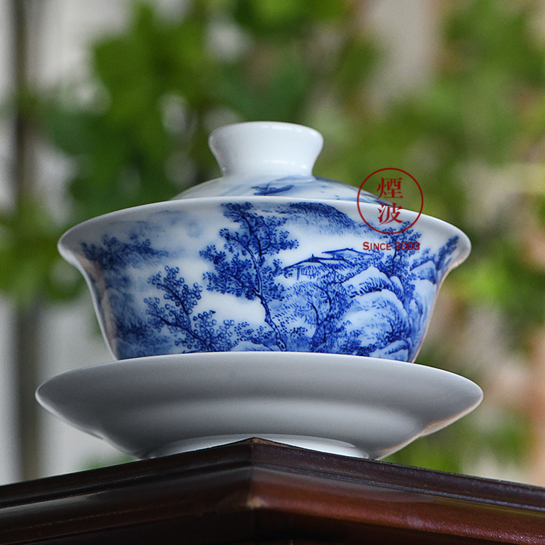 Jingdezhen blue and white nine calcinations hand hand made blue and white porcelain cup landscape tureen three cups