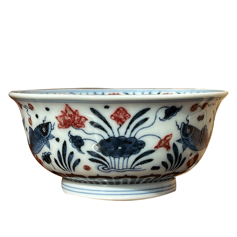 Jingdezhen spring auspicious jade Zou Jun up and blue and white figure of eight new system youligong fish grain furnace type cup drawing
