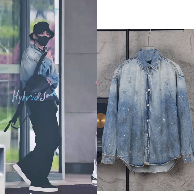 Ac Style Zhang Ruoyun Same Style Splatter Ink Distressed Denim Shirt Unisex Loose Casual Long-Sleeve Shirt Jacket Top Ac Style Zhang Ruoyun Same Style Splatter Ink Distressed Denim Shirt Unisex Loose Casual Long-Sleeve Shirt Jacket Top