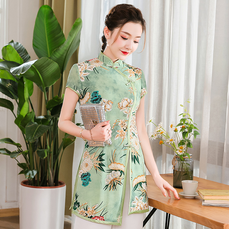 Hiện view Tang Hua vào nữ cải thiện thời trang ngắn tay Trung Quốc man gió sườn xám Tang chiếc váy đầu 2020 mùa hè mới
