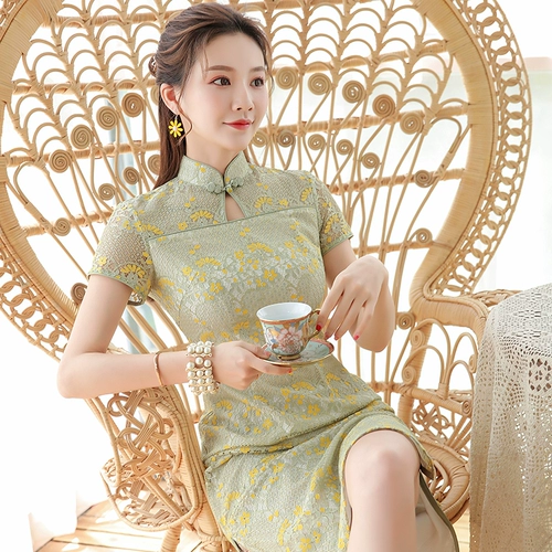 秀观唐 Летнее классическое кружевное короткое элегантное ципао, 2020, китайский стиль