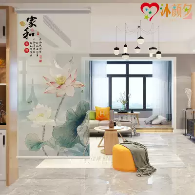 New Chinese Lotus roller curtain floor-to-ceiling curtain translucent hanging curtain into the home partition window hanging soft curtain lifting soft screen