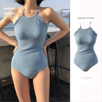 SOPHIE SEXY fresh conservative slim slim SMALL chest niche steel support gathered triangle one-piece blue swimsuit female