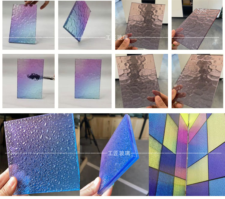 Customized Mezzanine Phantom Color Gradient Landscape Painting Long Iridescent Water Wave Stone Silver Boglass Small Sample Clamping Glue Process Glass Samples 