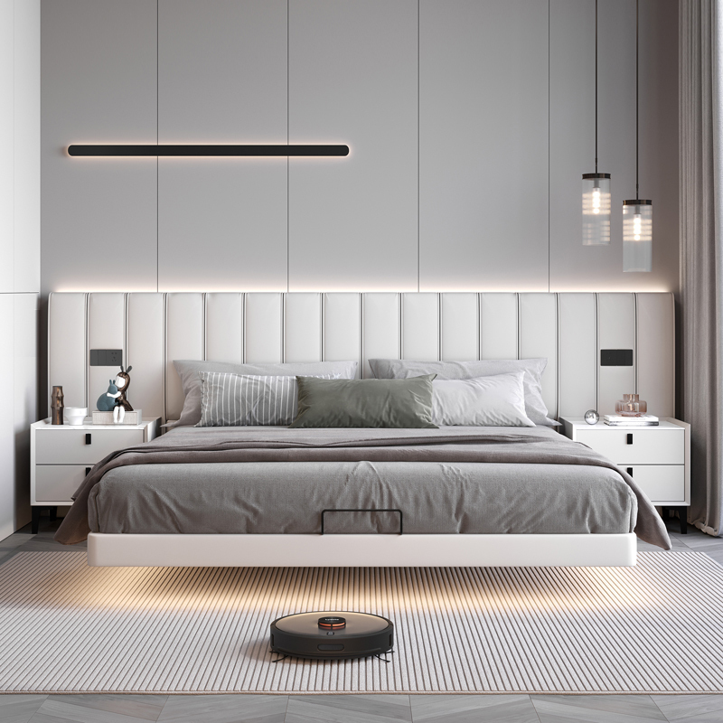 High-End, Elegant Wide-Screen Floating Bed, Genuine Leather Bed, Modern Minimalist Piano-Key Double Bed Frame Without Headboard, Master Bedroom